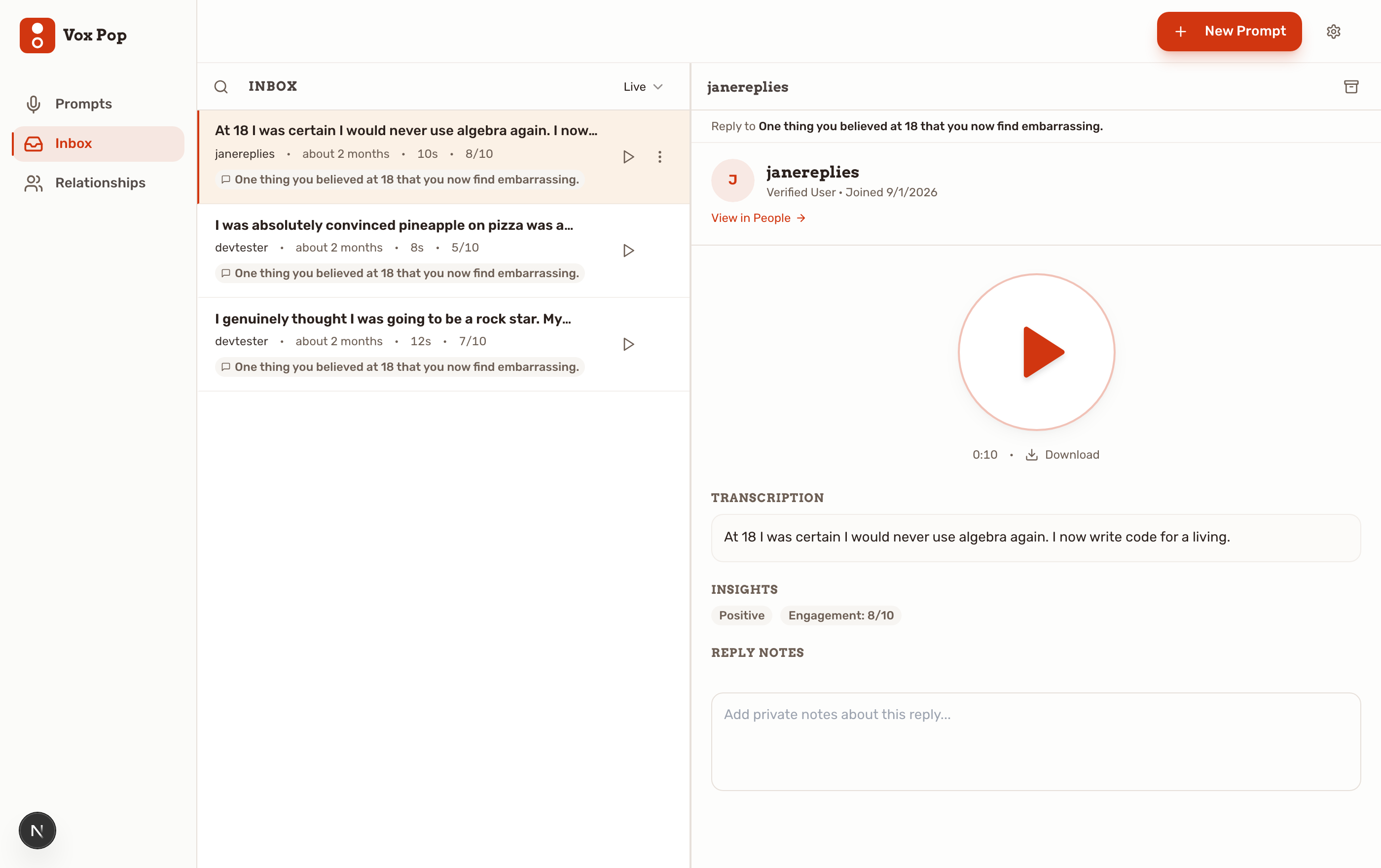 The Vox Pop inbox with one reply open: the reply list on the left, and on the right the replier, a play button, the transcript, sentiment and engagement tags, and a private notes field.